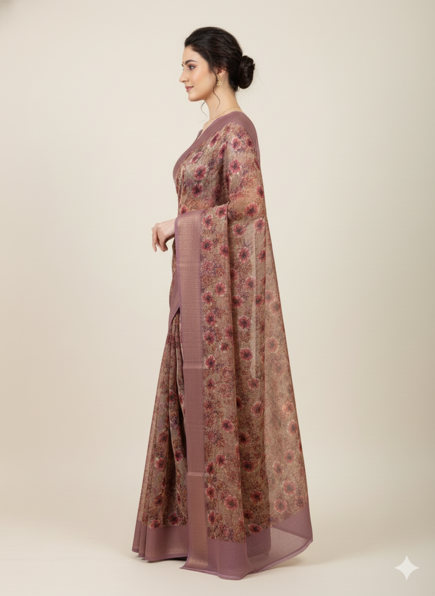 Mauve Bloom Printed Organza Saree