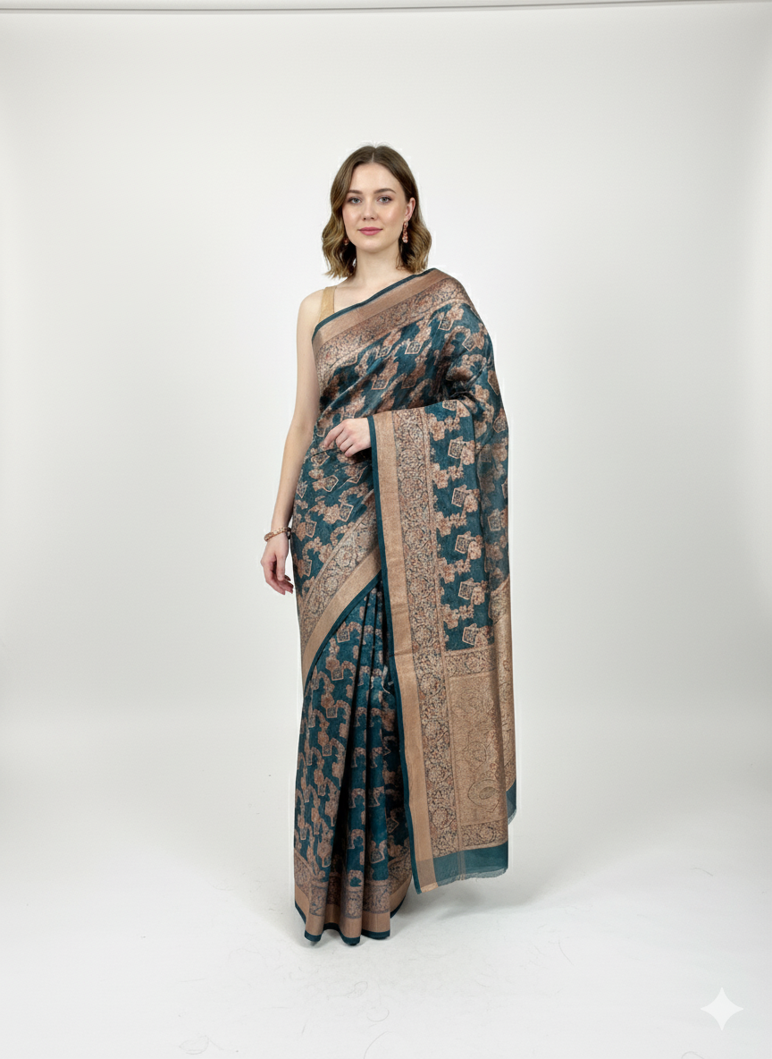 Regal Teal and Gold Banarasi Silk Saree