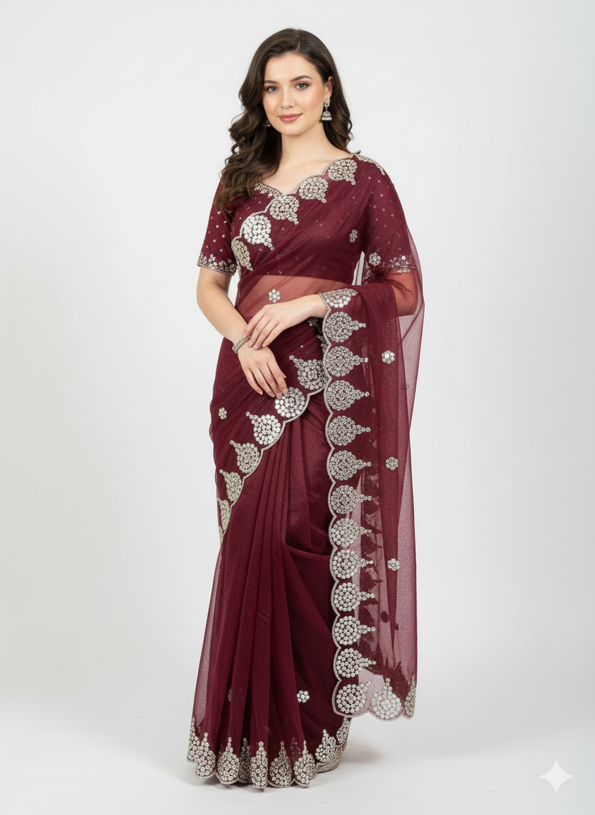 Crimson Radiance Sequin Embroidered Net Saree