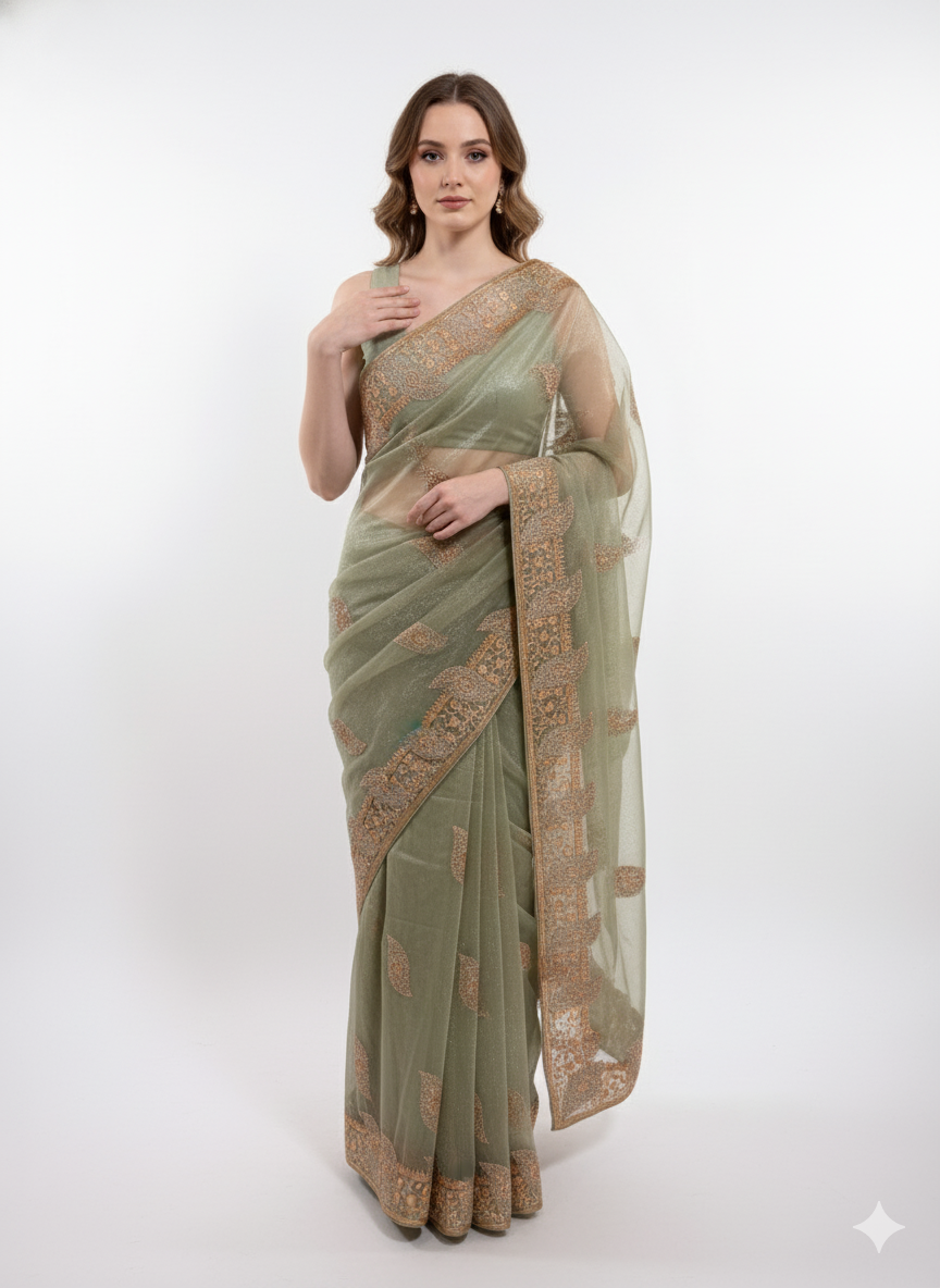 Sage Elegance Embroidered Net Saree