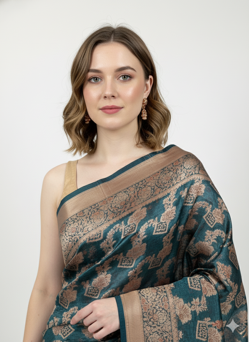 Regal Teal and Gold Banarasi Silk Saree