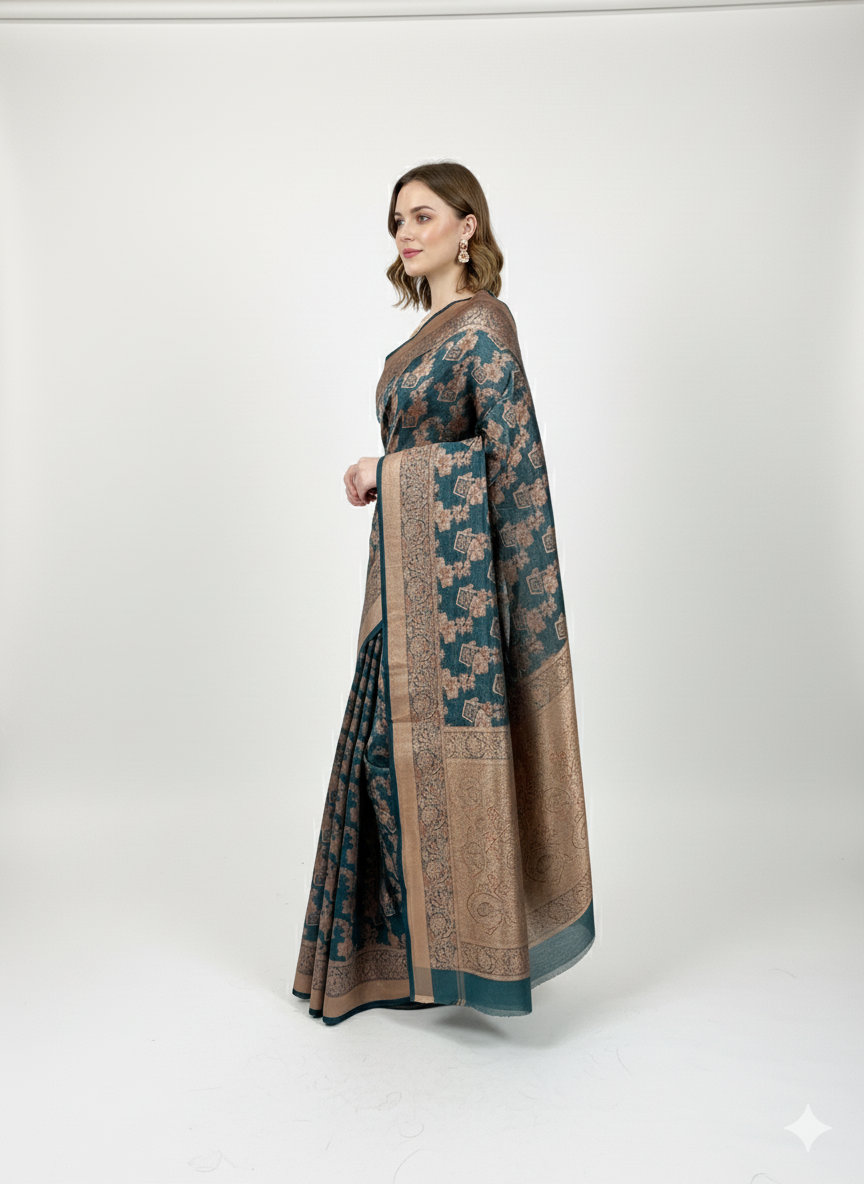 Regal Teal and Gold Banarasi Silk Saree
