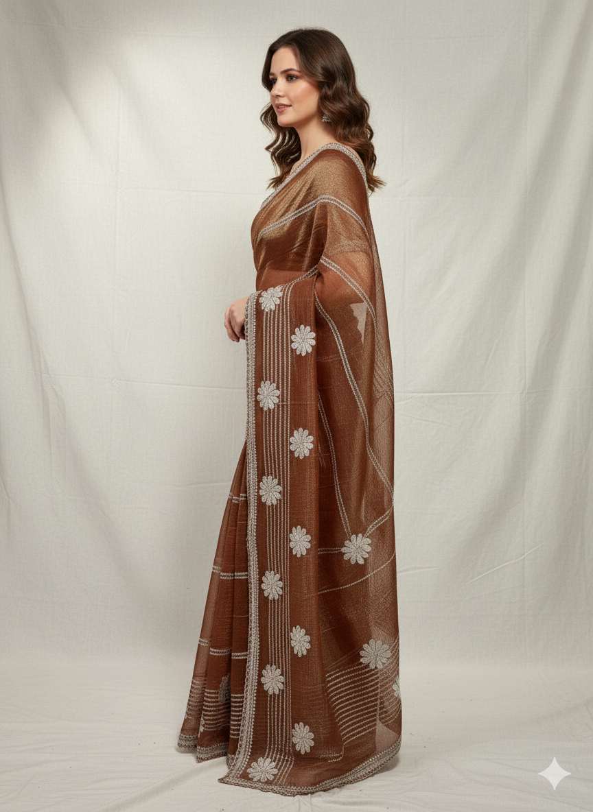 Golden Dusk Floral Embroidered Organza Saree