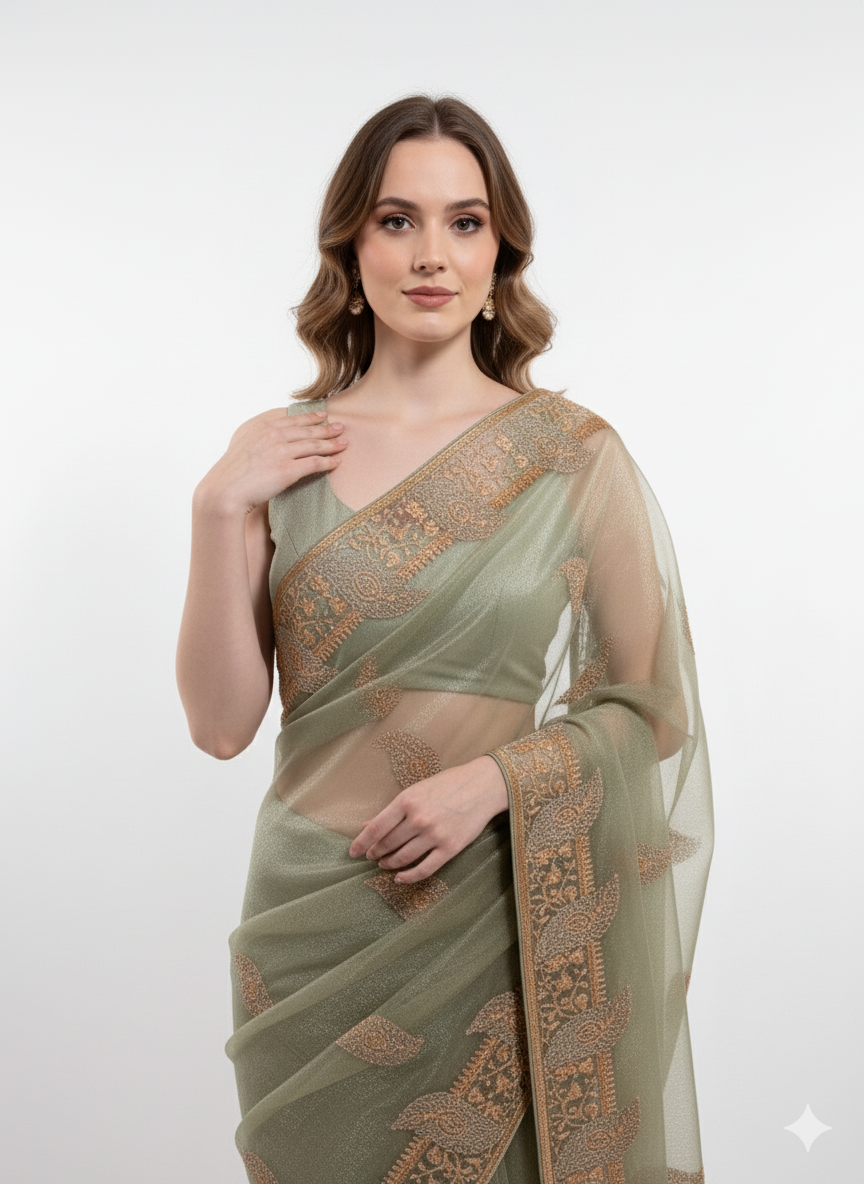 Sage Elegance Embroidered Net Saree