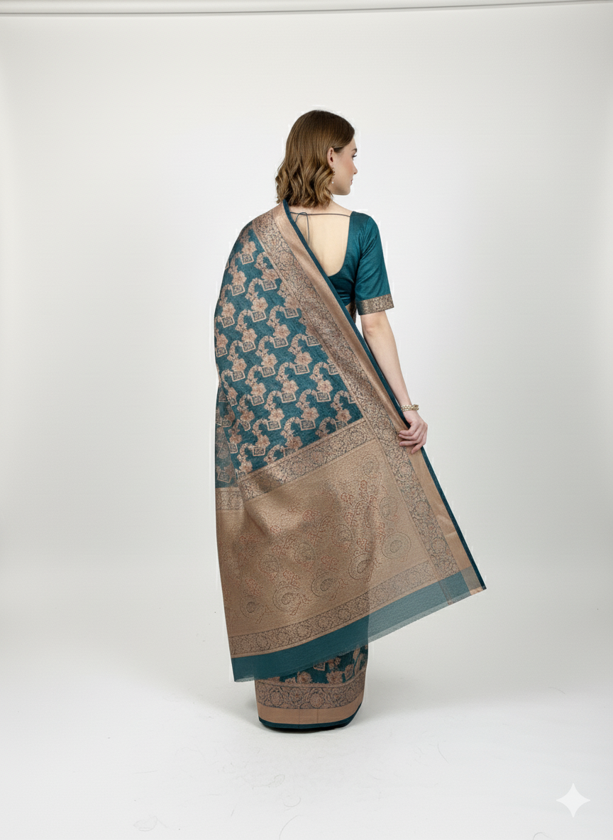 Regal Teal and Gold Banarasi Silk Saree