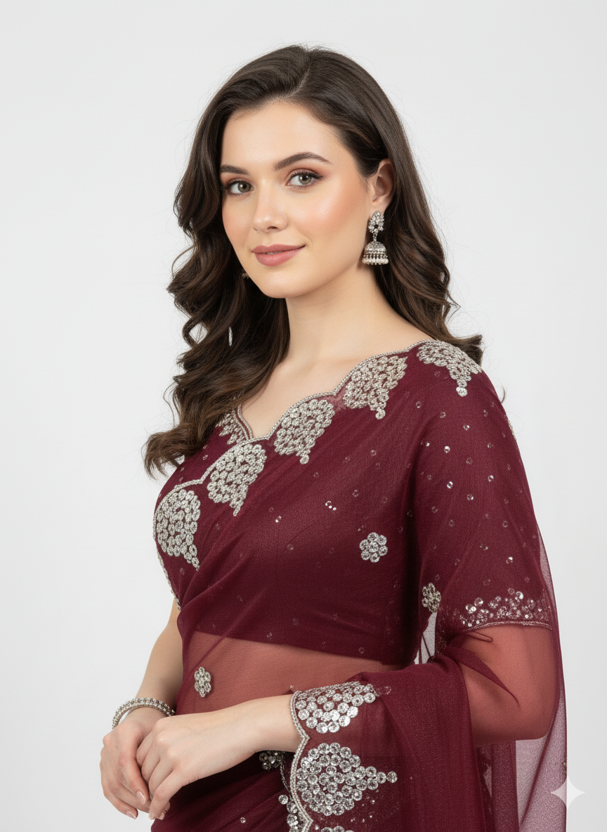 Crimson Radiance Sequin Embroidered Net Saree