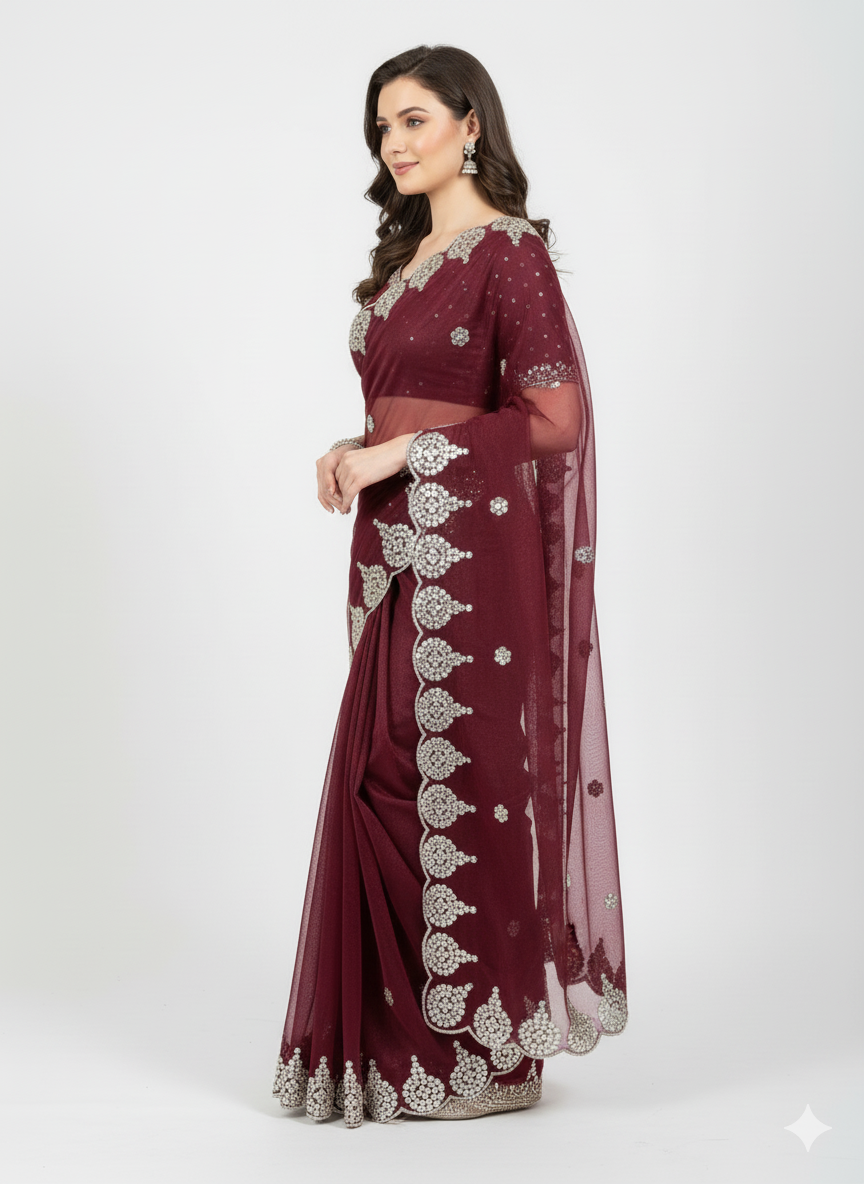 Crimson Radiance Sequin Embroidered Net Saree