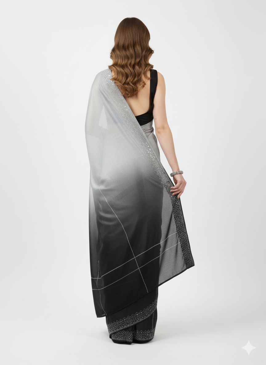 Elegant Black and Silver Ombre Satin Saree