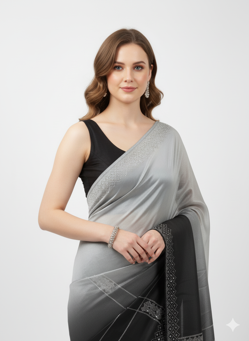 Elegant Black and Silver Ombre Satin Saree