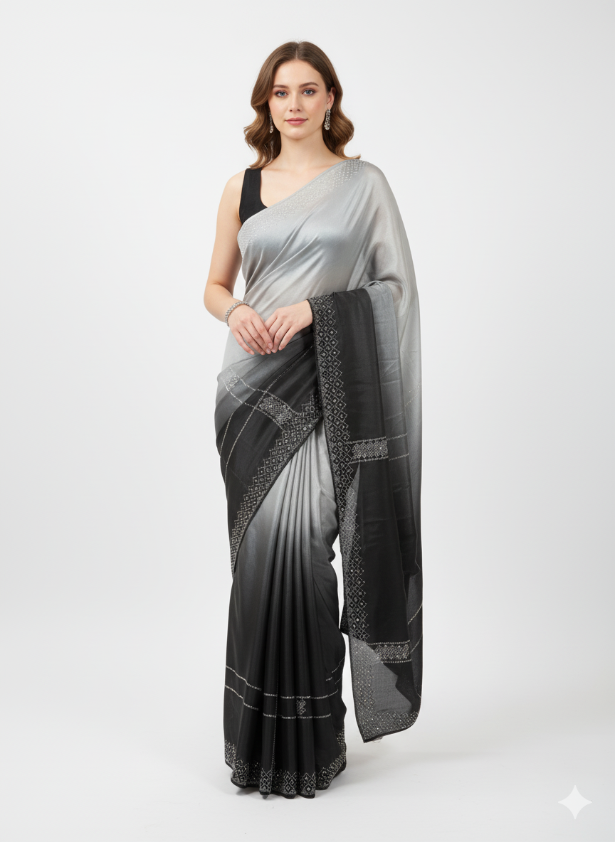 Elegant Black and Silver Ombre Satin Saree
