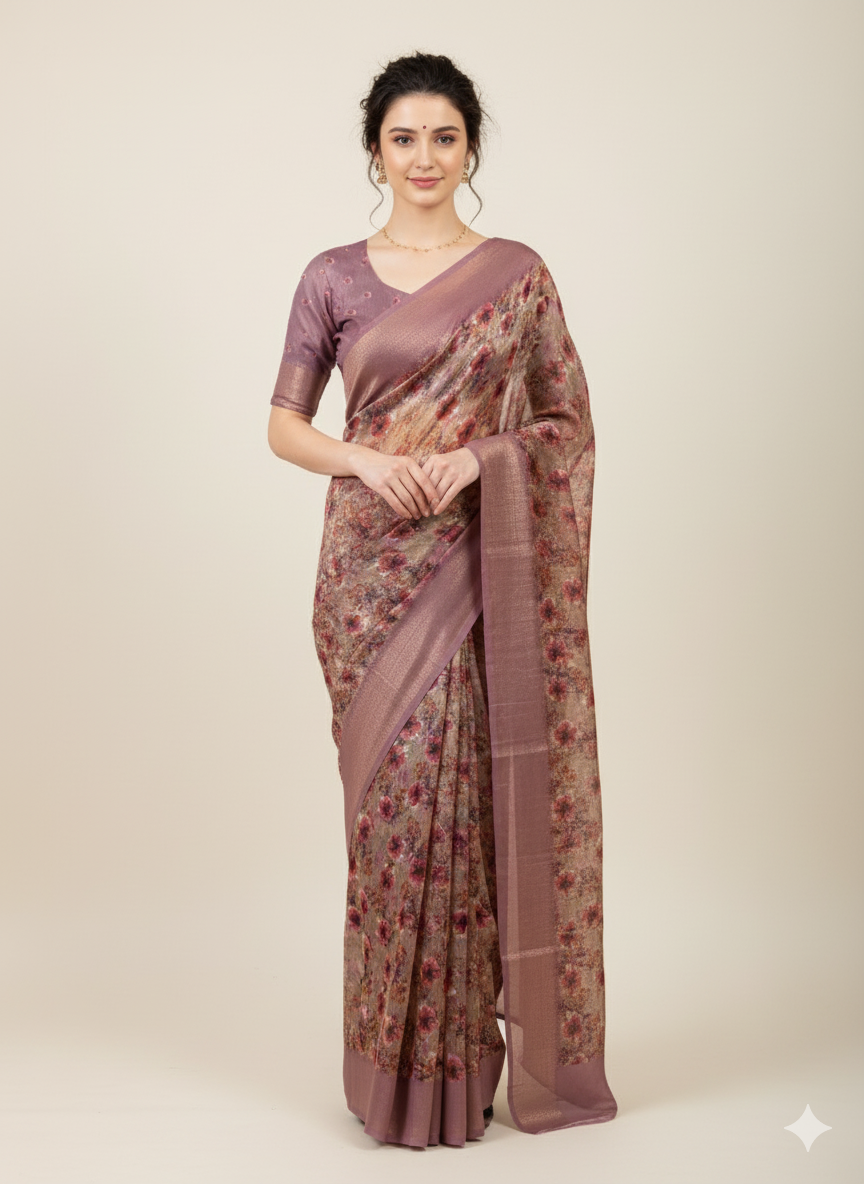 Mauve Bloom Printed Organza Saree