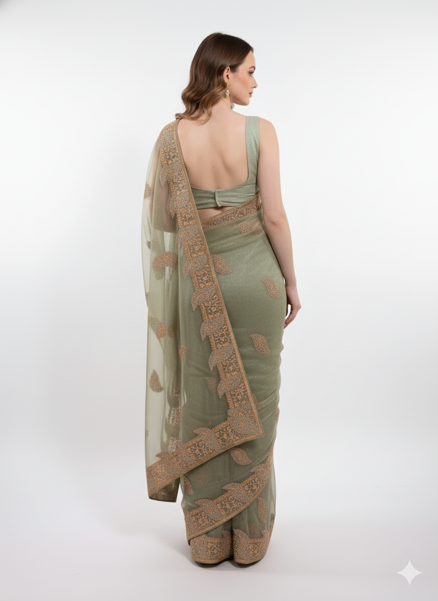 Sage Elegance Embroidered Net Saree
