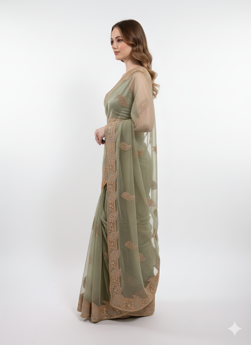 Sage Elegance Embroidered Net Saree