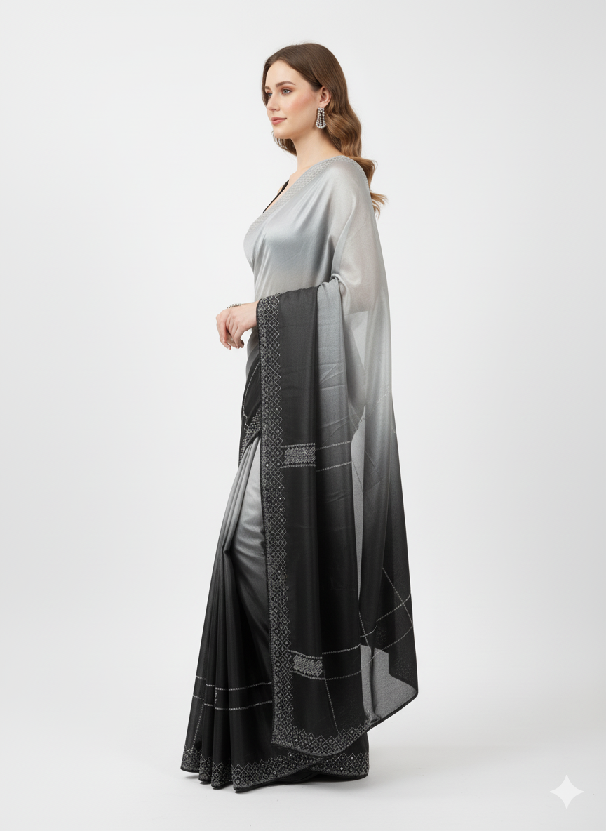 Elegant Black and Silver Ombre Satin Saree