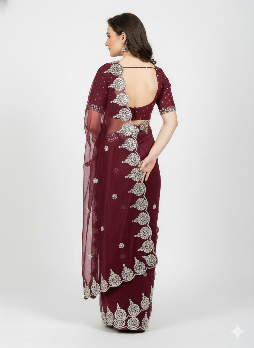 Crimson Radiance Sequin Embroidered Net Saree