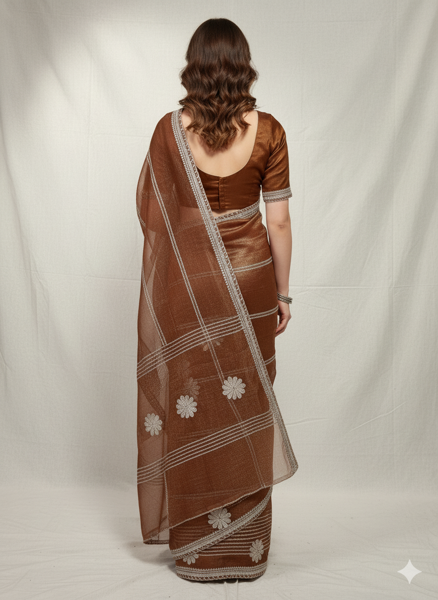 Golden Dusk Floral Embroidered Organza Saree