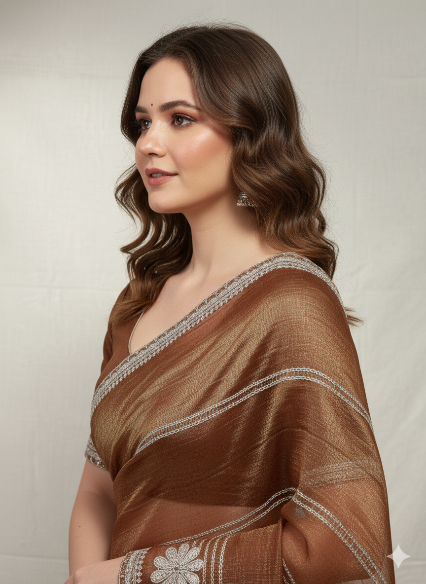Golden Dusk Floral Embroidered Organza Saree