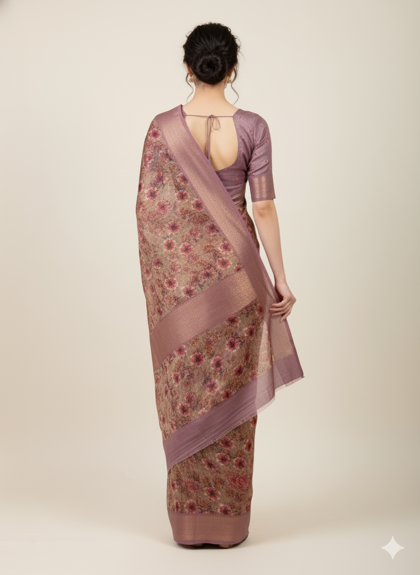 Mauve Bloom Printed Organza Saree