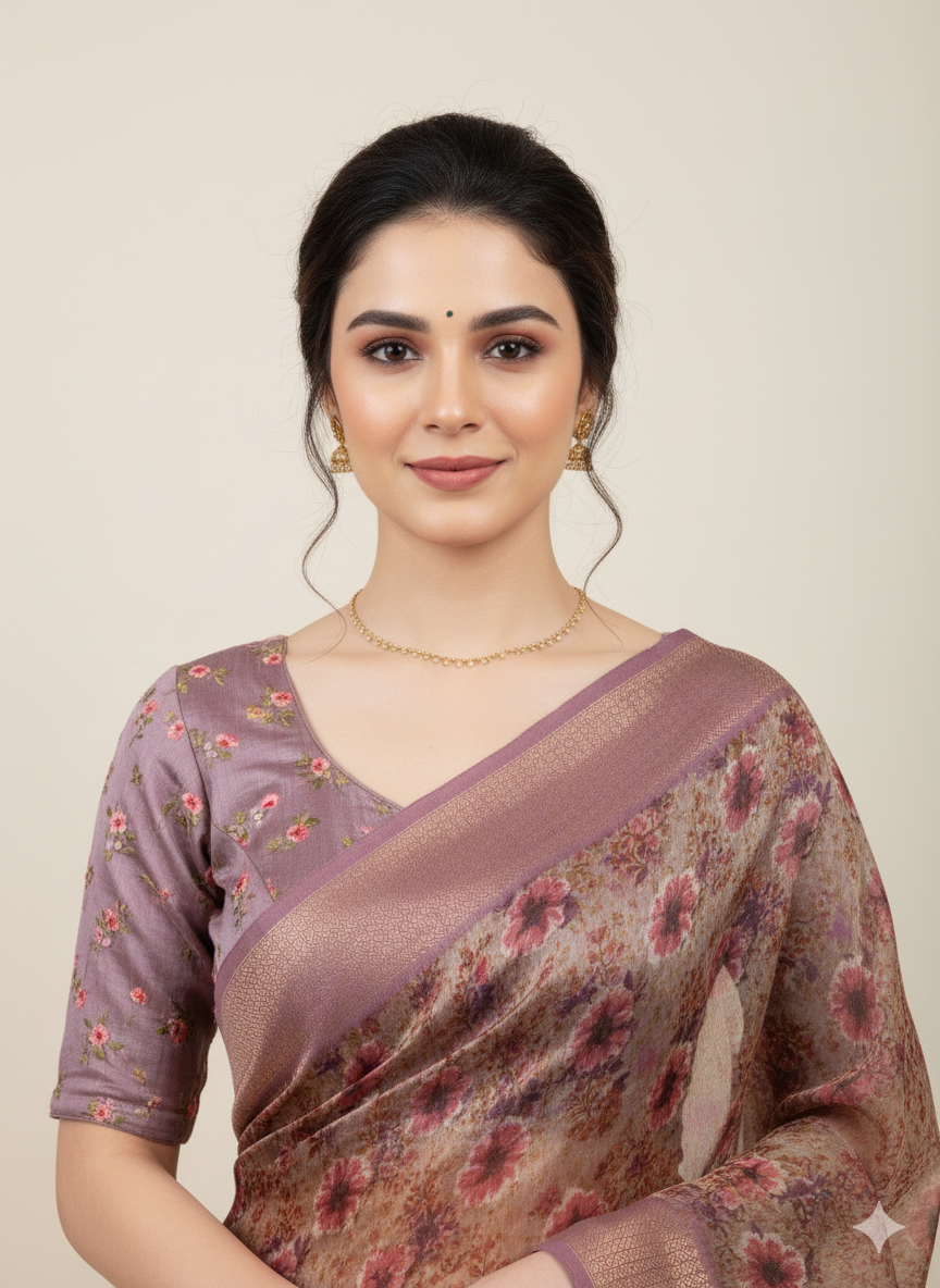 Mauve Bloom Printed Organza Saree